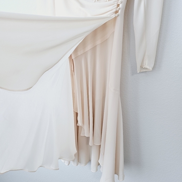 Vintage J.Harris 80s Wrap Lace Chiffon Pearls Romantic Long Sleeve Midi Dress - Picture 9 of 16